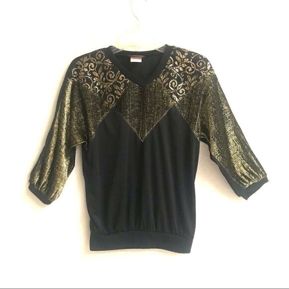 Vintage Retro boho gold metallic & black V-neck 3/4 sleeve blouse M - Picture 2 of 10